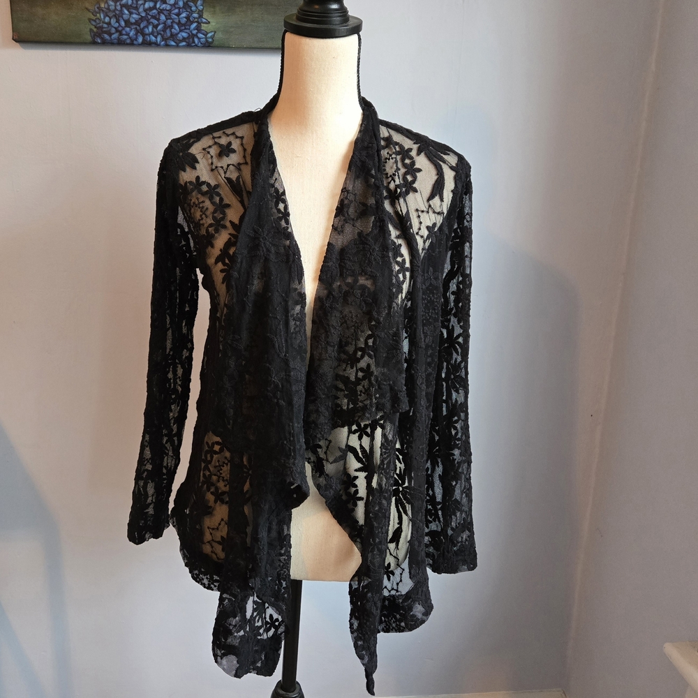 Collections ETC Black Lace Sheer Open Cardigan Whimsigoth Dark Romance Sz Medium